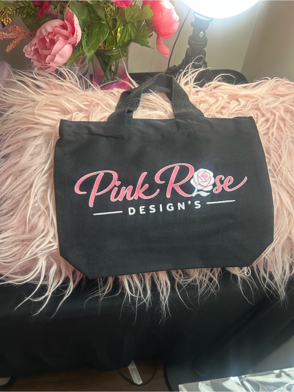 Black Canvas Tote Bag with Pink Logo